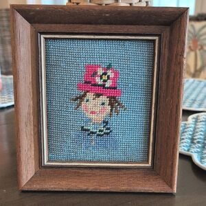 Vintage Framed Needlepoint Art Picture Girl with Pink Hat